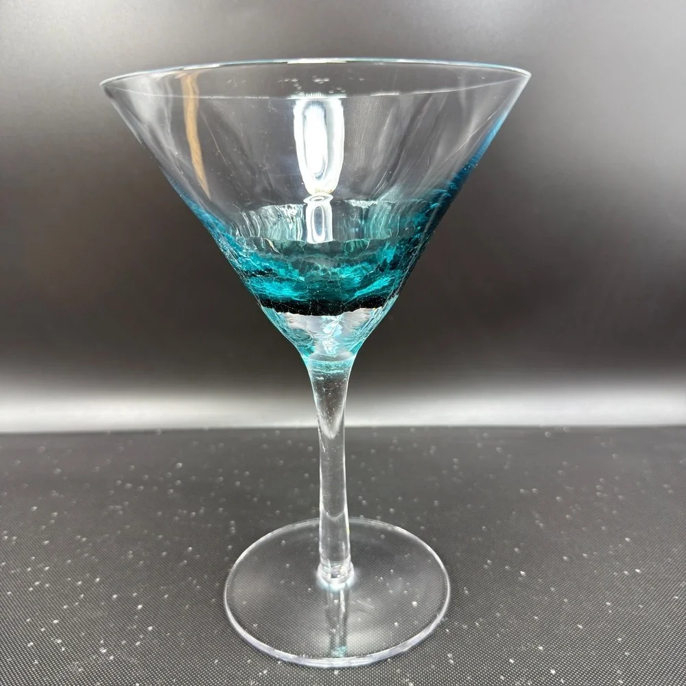 Pier 1 Teal Blue Crackle‎ Glass Martini Glasses Cocktail Stemware Cups Set of 2